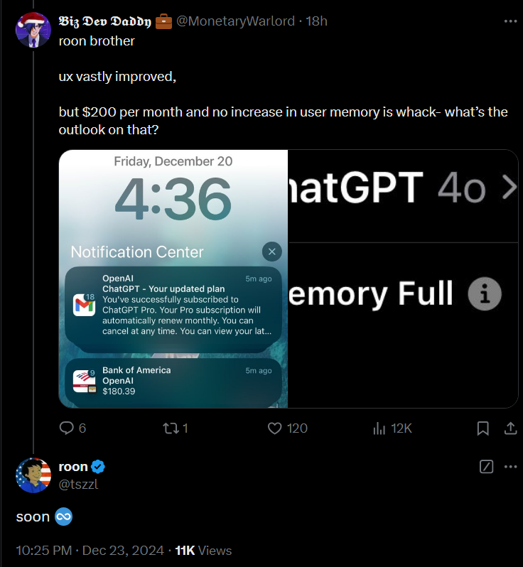 mark_k's tweet photo. OpenAI's Roon (@tszzl) indicates that ChatGPT will soon get ♾ (infinite) memory. This aligns with rumors that ChatGPT will soon be able to access your entire chat history (optionally of course). https://t.co/1ye0NMnS0h