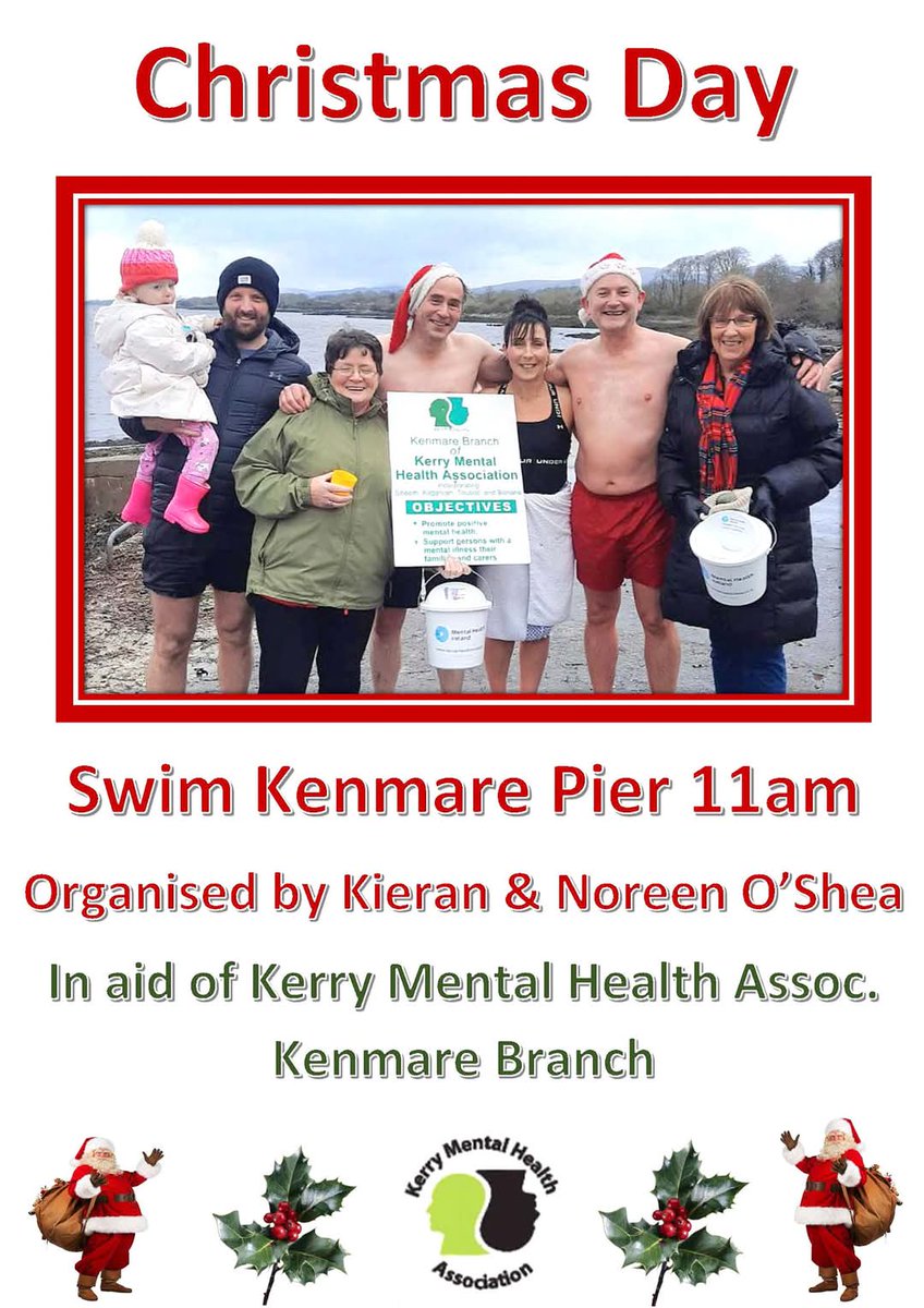 Best of luck to everyone involved in organising and taking part in tomorrow's Christmas Day Swim at Kenmare Pier for Kerry Mental Health Association Kenmare Branch. Merry Christmas everyone. 🎄🎅🤶🏊🏻‍♀️