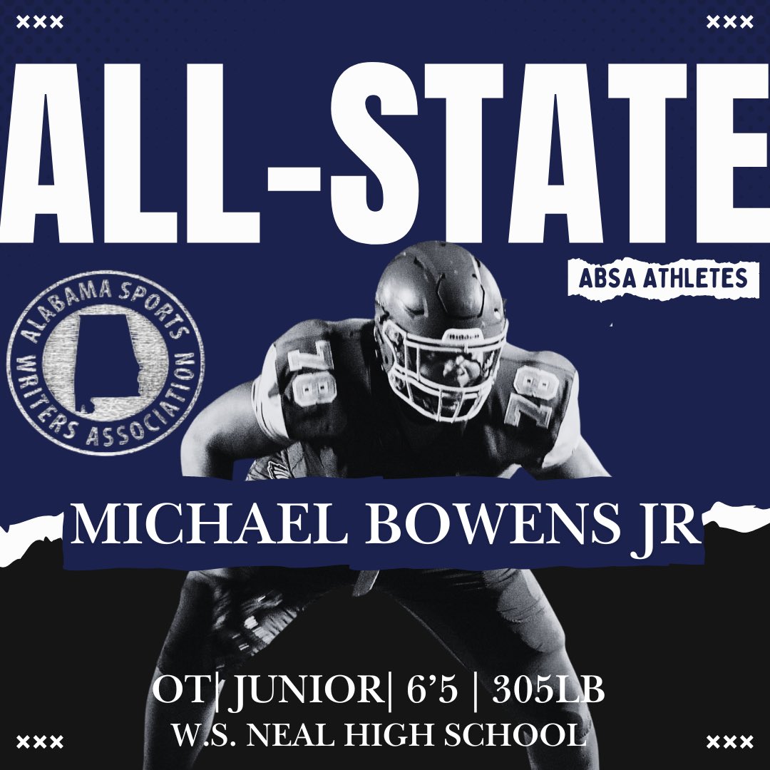 Michael Bowens Jr (@michaelbowensjr) on Twitter photo Blessed & grateful for being named to the Alabama Sports Writers Association All-State Team <a href="/ABSA_Athletes/">ABSA College Recruiting</a> <a href="/DexPreps/">DexPreps</a> <a href="/SportPrepX/">SportPrepX</a> @NE_Ok_HS_Sports <a href="/AL_Recruiting/">AL Recruiting</a> <a href="/coachbclause/">Blaine Clausell</a> <a href="/ALPrepStars/">ALPrepStars</a> <a href="/HallTechSports1/">Hall-Tech Sports</a> @qbcountry_media <a href="/samspiegs/">Sam Spiegelman</a> <a href="/adamgorney/">Adam Gorney</a> <a href="/WNS_Brandon/">Brandon Olsen</a> <a href="/Jason_Higdon/">Jason Higdon</a> <a href="/Rivals/">Rivals</a> Blessed & grateful for being named to the Alabama Sports Writers Association All-State Team <a href="/ABSA_Athletes/">ABSA College Recruiting</a> <a href="/DexPreps/">DexPreps</a> <a href="/SportPrepX/">SportPrepX</a> @NE_Ok_HS_Sports <a href="/AL_Recruiting/">AL Recruiting</a> <a href="/coachbclause/">Blaine Clausell</a> <a href="/ALPrepStars/">ALPrepStars</a> <a href="/HallTechSports1/">Hall-Tech Sports</a> @qbcountry_media <a href="/samspiegs/">Sam Spiegelman</a> <a href="/adamgorney/">Adam Gorney</a> <a href="/WNS_Brandon/">Brandon Olsen</a> <a href="/Jason_Higdon/">Jason Higdon</a> <a href="/Rivals/">Rivals</a>