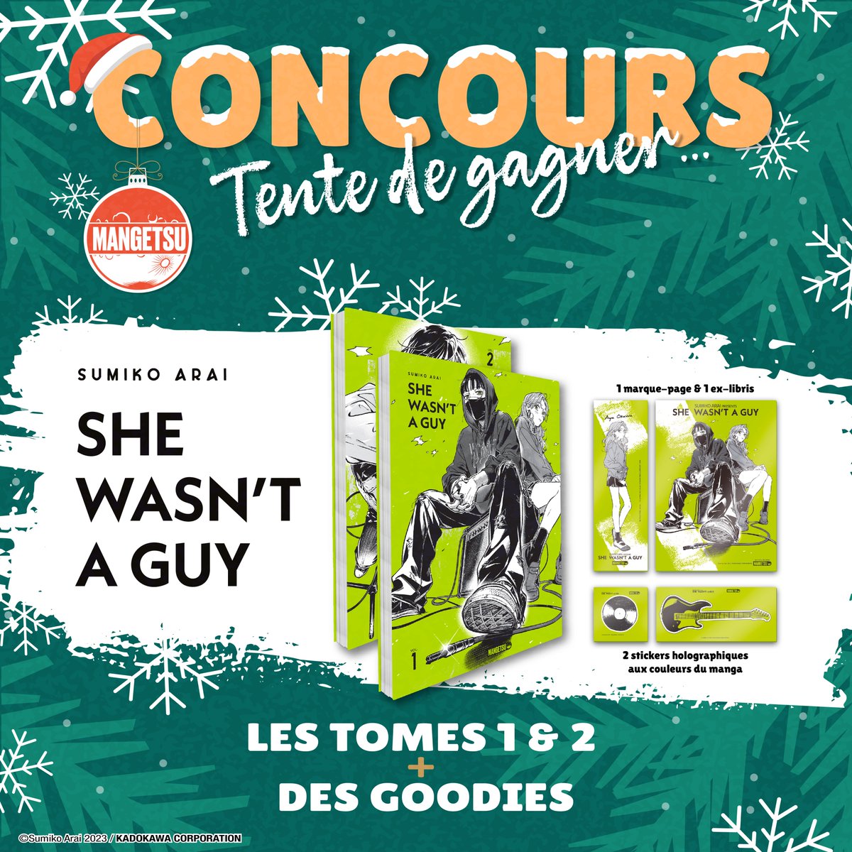 🎄 Patientez jusqu’à Noël avec Mangetsu 🎄
Tentez de gagner les tomes 1 &amp; 2 de She Wasn't a Guy + 1 ex-libris, 1 marque-page et 2 stickers holographiques !

Pour participer c’est simple :
🎁 Suivre <a href="/MangetsuFR/">Mangetsu 🌕</a> 
🎁 Liker le post
🎁 Repost
🎁 Commenter en invitant un(e) ami(e)
