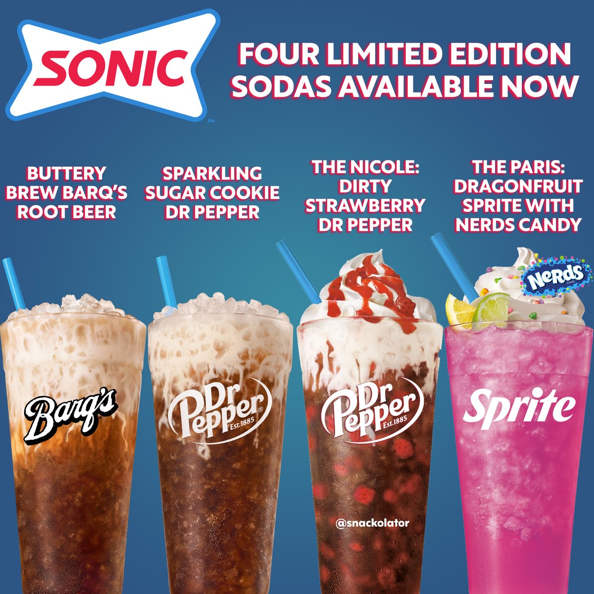 Snackolator (@snackolator) on Twitter photo Sonic has FOUR limited soda flavors and you better grab them before they're gone!
There are all available now from <a href="/sonicdrivein/">Sonic Drive-In</a>.
Have you tried any yet? Are there any you want to try? I loved the Red Velvet shake but I need to get back there for the Sugar Cookie Dr Pepper! Sonic has FOUR limited soda flavors and you better grab them before they're gone!
There are all available now from <a href="/sonicdrivein/">Sonic Drive-In</a>.
Have you tried any yet? Are there any you want to try? I loved the Red Velvet shake but I need to get back there for the Sugar Cookie Dr Pepper!