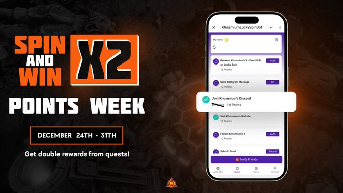 🎉 SPIN AND WIN x2 POINTS WEEK IS HERE! 🎉

Get DOUBLE REWARDS from your quests starting December 24th to 31st! 🔥
Earn more points and boost your chances to win exciting rewards.

👉 Complete simple tasks like:
✅ Retweet on X (Twitter)
✅ Send Telegram Messages
✅ Join our