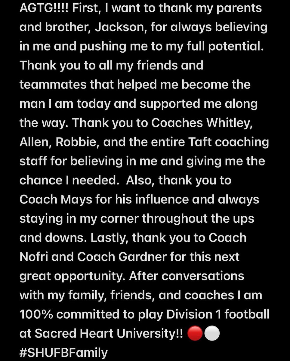 100% committed  <a href="/SHU__Football/">Sacred Heart Football</a> <a href="/TaftFootballCT/">Taft Football</a>