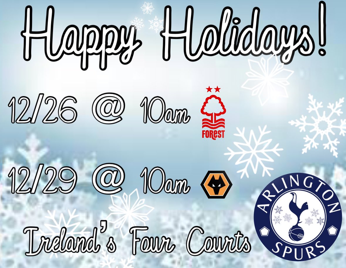 Happy holidays Spurs fam!! If you are in town or visiting come join us at @irelandsfourcourts for our matches on Boxing Day and Sunday - KO for both matches is 10am! COYS!! #tottenham #tottenhamhotspur #coys #epl #N17 #arlingtonva