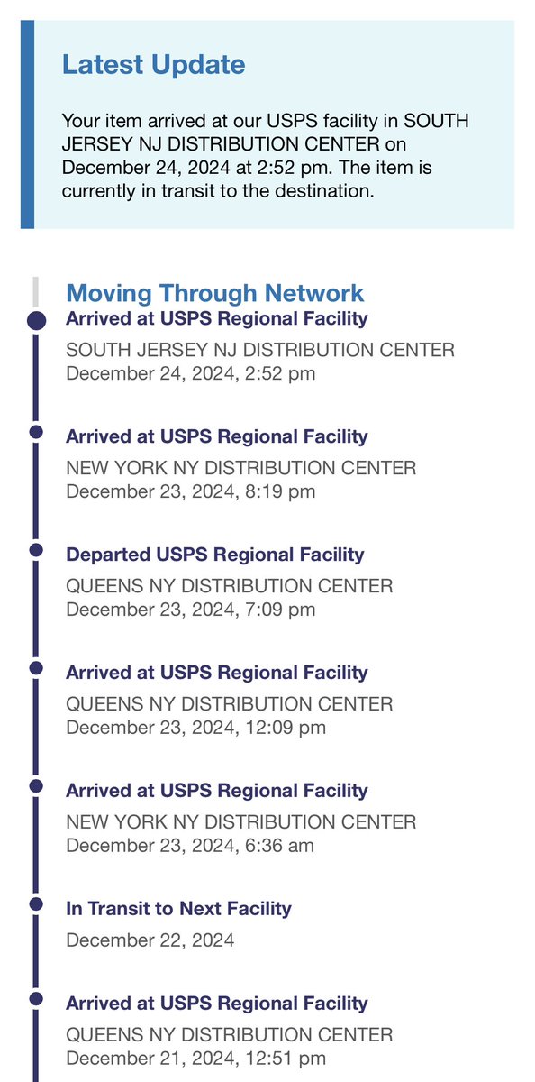 So much for getting packages for Christmas.  #usps seems to be taking my package everywhere but my house (I live in Manhattan). Queens>NYC>Queens>NYC>South Jersey. Ouch.