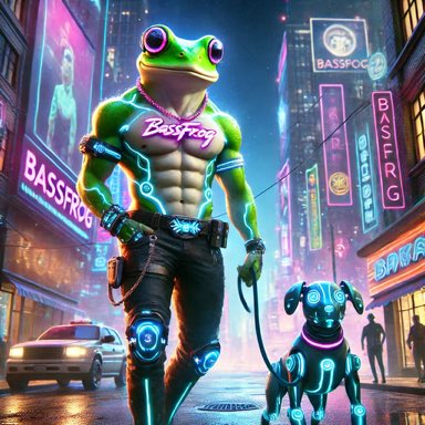 Bassfrog_sol's tweet photo. Neon nights, cyber pets, and chill vibes. 

Bassfrog taking his robotic dog for a stroll through the glowing streets of tomorrow.

We will ape harder. https://t.co/Myl5rxDFgS