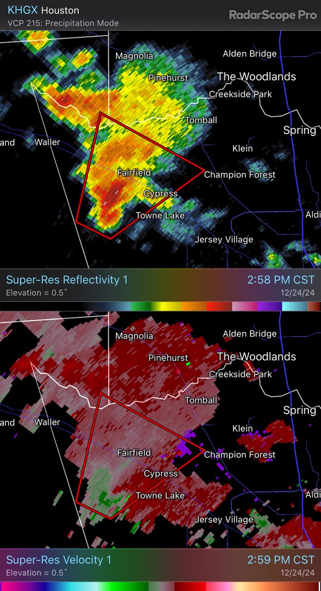 McBeeWX's tweet photo. #Tornado warning in the north #Houston suburbs. Seek shelter in the path! #txwx https://t.co/OR1rVuDX3m