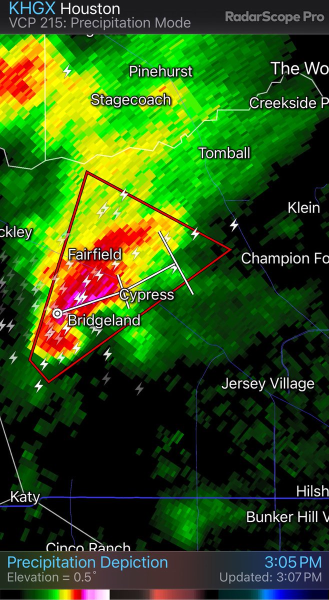 StormChaserHTX's tweet photo. TORNADO WARNING 
NORTHWEST HOUSTON 

KHGX - Precipitation Depiction 3:05 PM #txwx https://t.co/JPOsd1tUlv