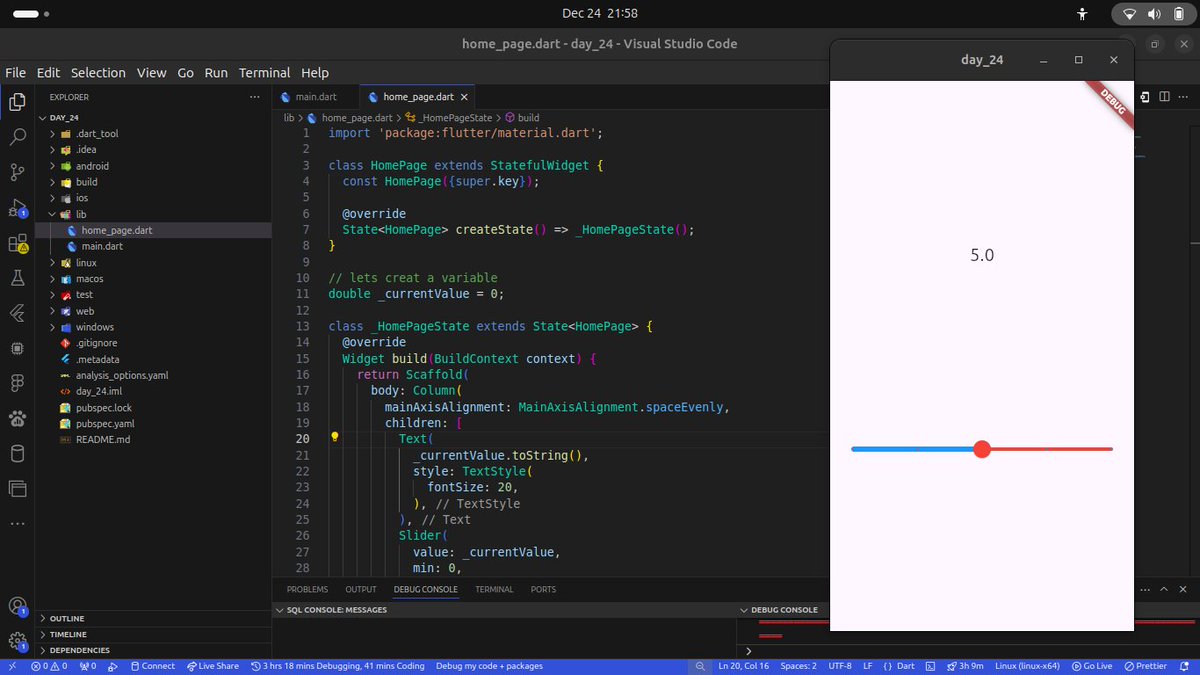 dev_useee's tweet image. Day 24 of #30DaysOfFlutter: Slider Widget 🎚️
Today I explored the simplicity and power of the Slider widget! This widget is perfect for scenarios where users need to select a value within a specific range.
checkout the source code here:github.com/techusman-code…
#FlutterDev