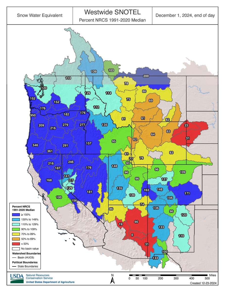 Snow-water equivalent (SWE) has worsened across the region (CO, UT, WY) since December 1, with most river basins seeing below to much below normal SWE, particularly in Utah and Wyoming.

wwa.colorado.edu/resources/inte… #climate