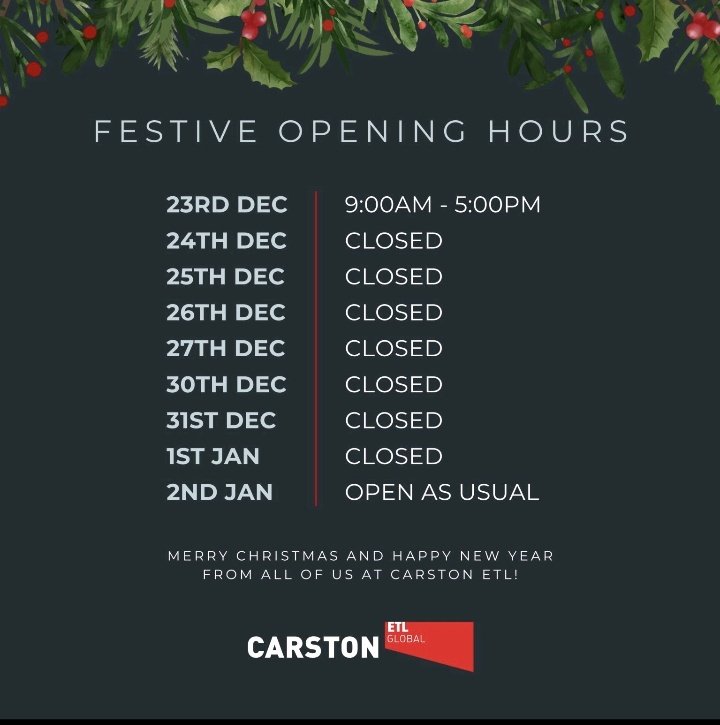 🎄 Merry Christmas from Carston ETL! 🎅 Our offices are now closed and reopen on Jan 2, 2025. Thanks to our clients and team for an amazing year! 🥂 Wishing everyone a joyful festive season. See you in the New Year! #MerryChristmas