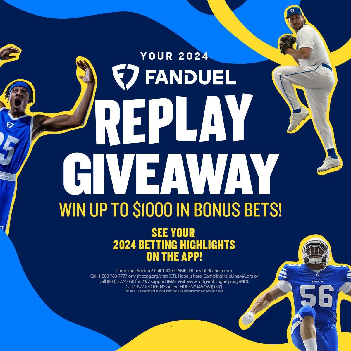 FanDuel Sportsbook (@fdsportsbook) on Twitter photo Let's give away some bonus bets! 🎉
24 lucky customers will win $100, and ONE will receive $1,000 in bonus bets 💰
To enter:
1️⃣ Repost and Follow <a href="/FDSportsbook/">FanDuel Sportsbook</a>
2️⃣ Reply with #FanDuelReplay and a screenshot of your Replay!
Contest ends on 1/3
Rules: linktr.ee/FanDuel Let's give away some bonus bets! 🎉
24 lucky customers will win $100, and ONE will receive $1,000 in bonus bets 💰
To enter:
1️⃣ Repost and Follow <a href="/FDSportsbook/">FanDuel Sportsbook</a>
2️⃣ Reply with #FanDuelReplay and a screenshot of your Replay!
Contest ends on 1/3
Rules: linktr.ee/FanDuel
