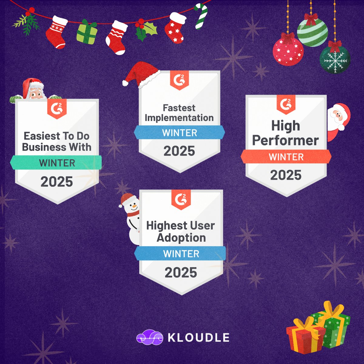 Kloudleinc's tweet photo. 🎄 GUESS WHO'S BEEN EXTRA GOOD THIS YEAR?

We just sleighed G2's Winter 2025 awards! 🎯
(Santa's taking notes for next year 😉)

⚡️ Fastest Implementation
🤝 Easiest to Work With
💫 Highest User Adoption
🏆 High Performer

That's right - we collected ALL the badges! But the real MVPs? Our amazing users who make this possible!

Drop a ⛄️ if you're part of the Kloudle fam!

#CloudSecurity #TechAwards #G2Badges #KloudleWins #CyberSecurity #CloudComputing #StartupLife #techstartup