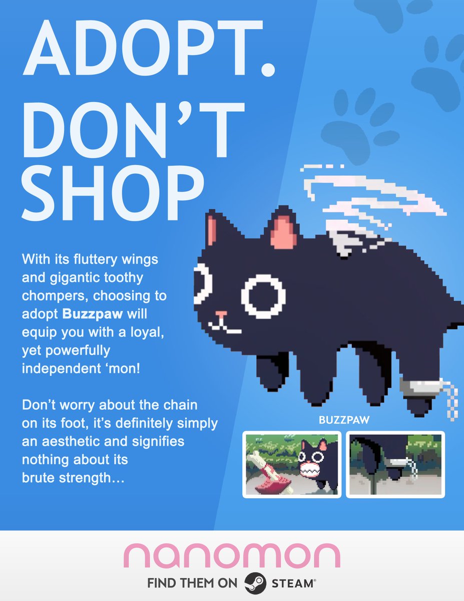 Akupara Games 💫 Indie Games Publisher (@akuparagames) on Twitter photo You couldn't leash this 🐹Nanomon if you tried!
Say hello to 🐈Buzzpaw, your loyal, flying 'mon with big teeth and even bigger eyes! 😍
✨SO CUTEEEEE.✨
Wishlist 🐱Nanomon by <a href="/moomoomang/">Oscar Brittain</a> on Steam to manifest this fuzzy friend into your life!
bit.ly/Nanomon You couldn't leash this 🐹Nanomon if you tried!
Say hello to 🐈Buzzpaw, your loyal, flying 'mon with big teeth and even bigger eyes! 😍
✨SO CUTEEEEE.✨
Wishlist 🐱Nanomon by <a href="/moomoomang/">Oscar Brittain</a> on Steam to manifest this fuzzy friend into your life!
bit.ly/Nanomon