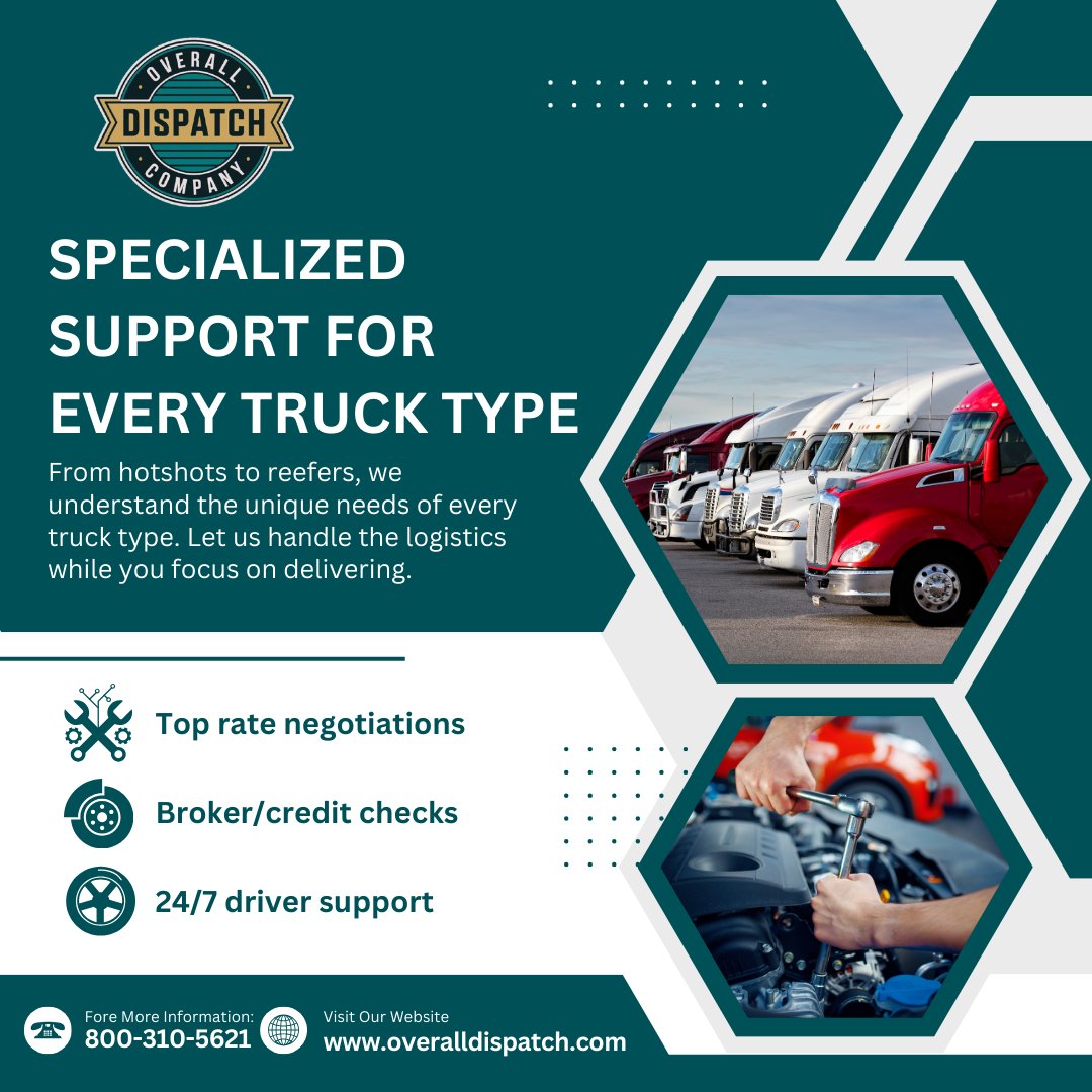 OverallDispatch's tweet image. SPECIALIZED SUPPORT FOR EVERY TRUCK TYPE!  Reach out now and let’s keep your wheels turning!"
From hotshots to reefers, we've got your logistics covered. Focus on delivering, and we’ll handle the rest! 
📈 Top Rate Negotiations
📋 Broker/Credit Checks
🕒 24/7 Driver Support
