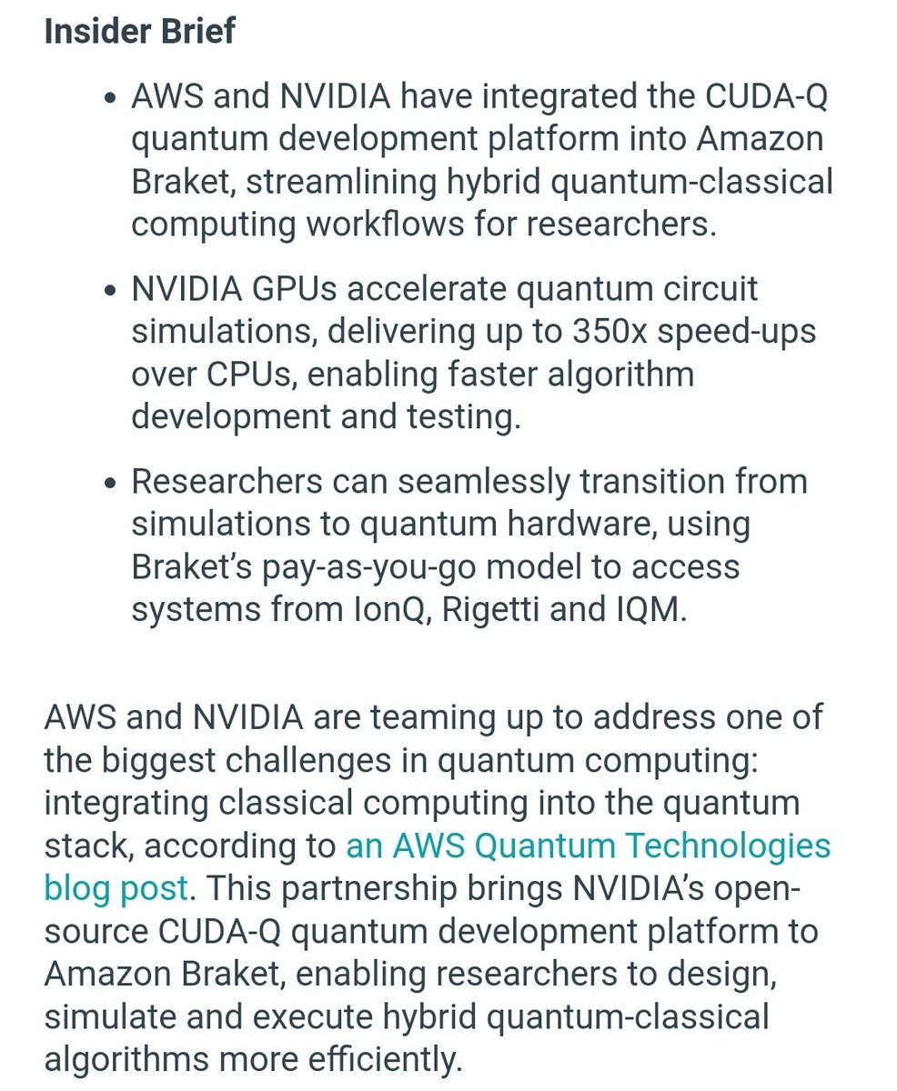 JP_Money_95630's tweet photo. 🚀 Unlocking Quantum Potential: $NVDA x $AWS x $IONQ Collaboration!
#QuantumComputing
#QuantumInsider #CUDA_Q
The future of quantum computing is here! 🌟 NVIDIA, AWS, and IonQ are redefining the hybrid quantum-classical landscape with CUDA-Q integration on Amazon Braket.
Here’s why this matters:
💡 Accelerated Simulations: NVIDIA GPUs bring 350x speed-ups over CPUs, transforming quantum algorithm development.
⚡ Seamless Workflows: Transition effortlessly from simulations to quantum hardware like IonQ, Rigetti, and IQM using Amazon Braket’s flexible infrastructure.
💰 Pay-As-You-Go Model: Affordable access to cutting-edge quantum systems ensures researchers focus on innovation, not costs.
🌐 Scalable Performance: Parallelizing workloads across GPUs and QPUs speeds up quantum circuits up to 17x faster!
With these breakthroughs, complex problems are solved faster, empowering researchers to push quantum computing boundaries. 🌌
#NVIDIA #AWS #IonQ #QuantumComputing #Innovation #Technology