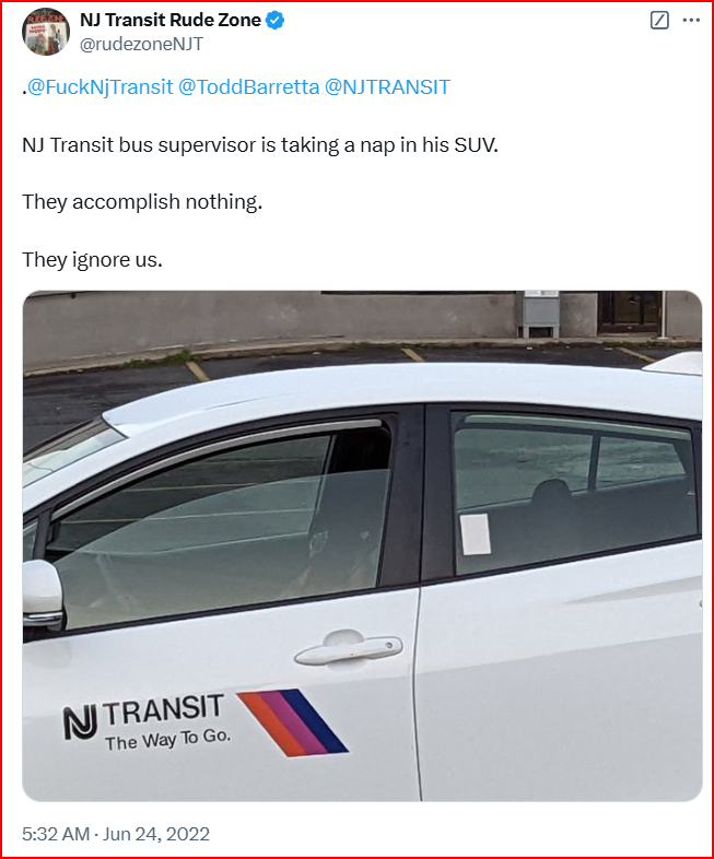 rudezoneNJT's tweet image. The NJ Transit bus supervisors in white cars need to help bus riders.

No more naps and we need to get these people out of the cars and help bus riders.

These NJ Transit bus supervisors sit in their cars instead of talking to NJ Transit bus riders at bus stops.

@NJTransit_CA…