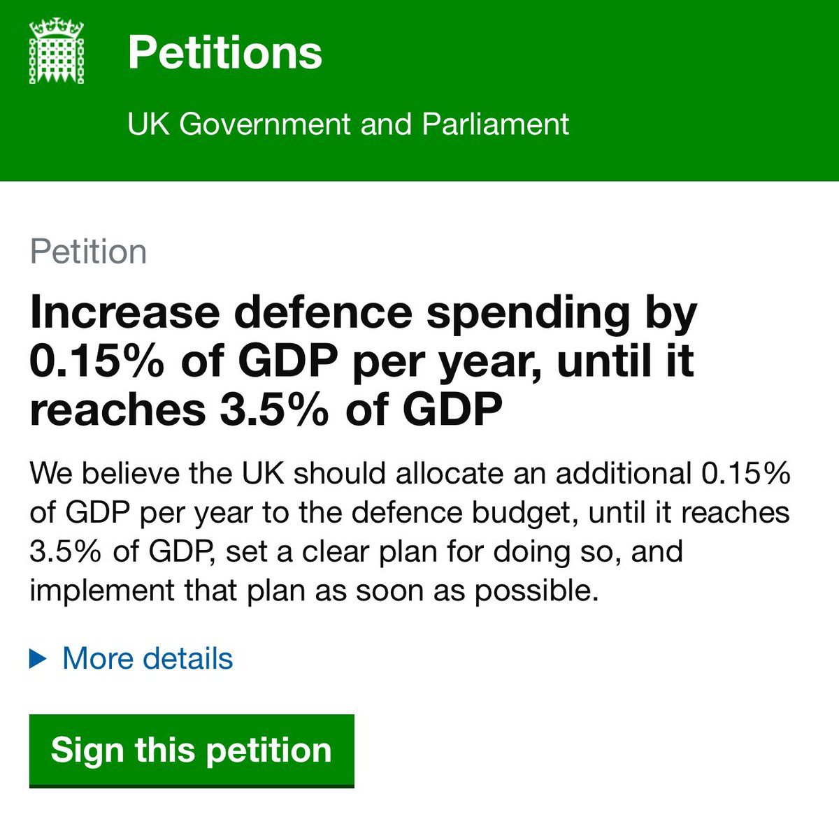 My petition to increase Great Britain’s defence spending has been approved by the Petitions Committee, and is now live.

Please be sure to sign &amp; share it:

petition.parliament.uk/petitions/7036…