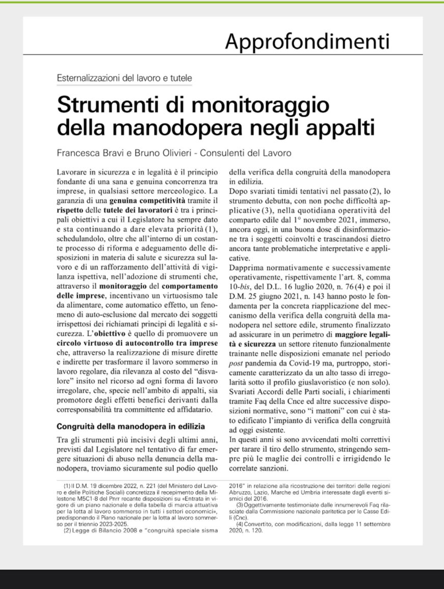 Sul numero 1/2025 della rivista Diritto&amp;Pratica del lavoro Wolters Kluwer Italia, con l’amica e collega Francesca Bravi per parlare di #appalti e degli #strumenti di gestione e #monitoraggio della #manodopera.

(shop.wki.it/periodici/diri…).

#studiocommercialeolivieri
