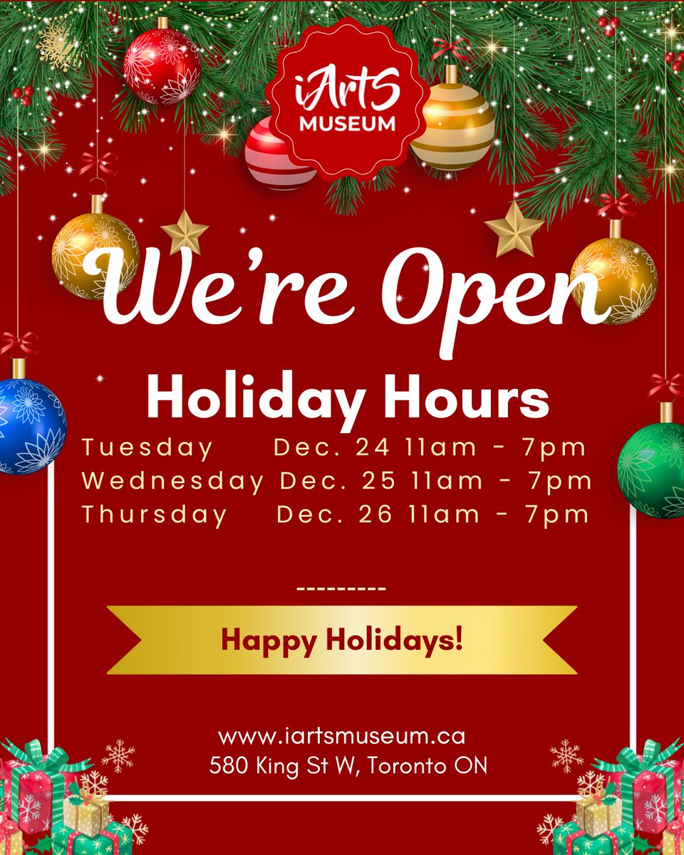 Holiday Hours - We’re open!
Happy Holidays! #iartsmuseum #tourisumtoronto #holidayhours #todotoronto #datenight #christmas #downtowntoronto #toronto #museum