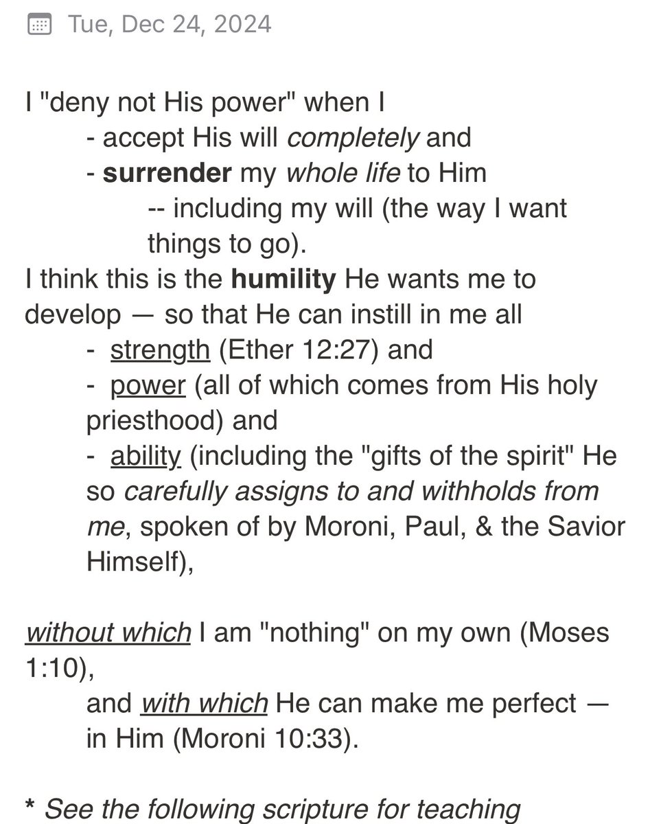 MyGospLib_Notes's tweet image. My heart is full. The First Presidency approved my request. My stake president restored to me all priesthood and temple blessings.
Jesus Christ heads His church. He makes repentance possible. He changes me. I know He will make me perfect — in Him. 🙏🏻
Note on Moroni 10:33.