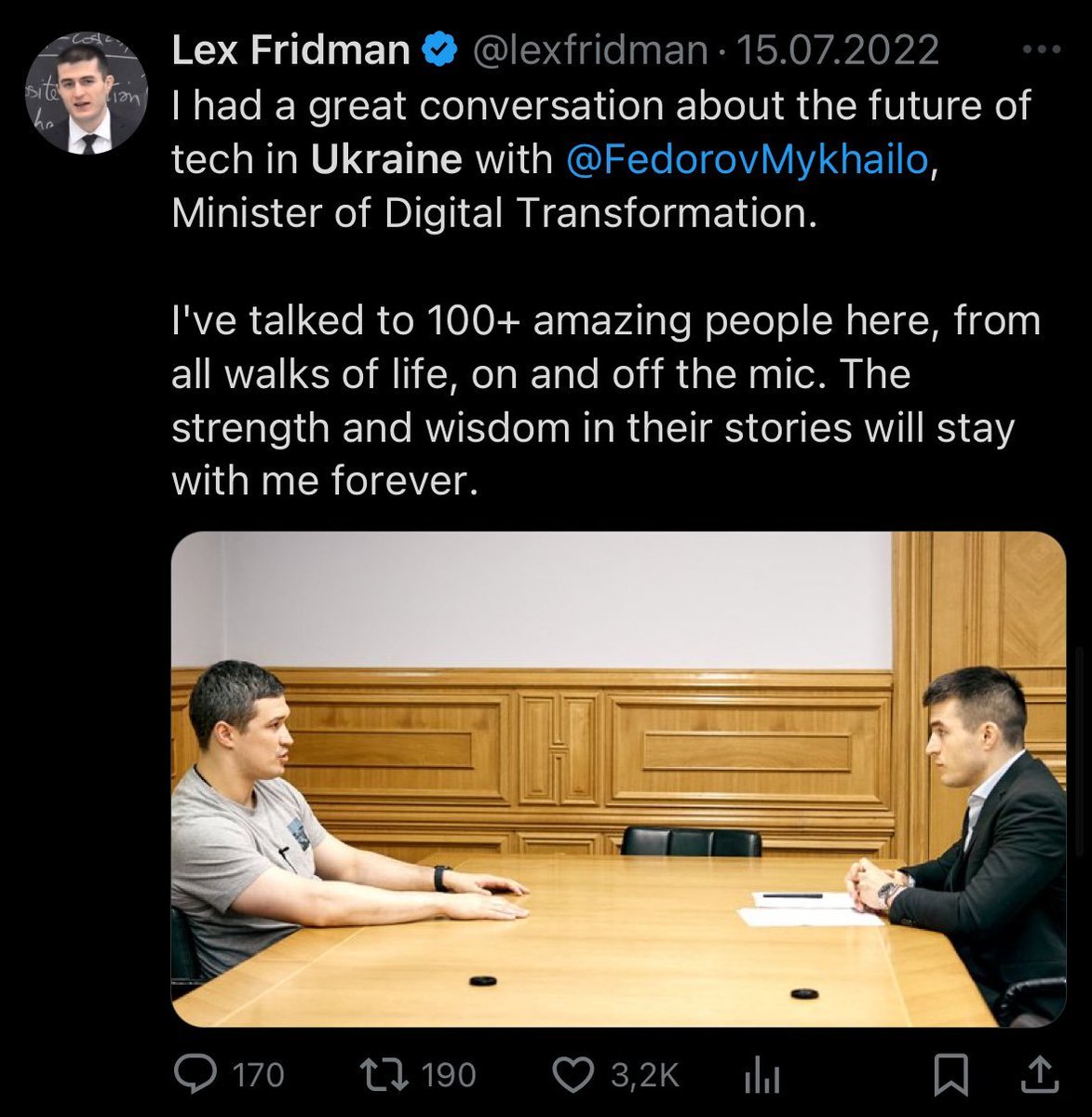 Volodymyr Tretyak 🇺🇦 (@volodyatretyak) on Twitter photo <a href="/lexfridman/">Lex Fridman</a> <a href="/ZelenskyyUa/">Volodymyr Zelenskyy / Володимир Зеленський</a> All clear, but when do we get videos from your first Ukraine visit?
<a href="/lexfridman/">Lex Fridman</a> <a href="/lexfridman/">Lex Fridman</a> <a href="/ZelenskyyUa/">Volodymyr Zelenskyy / Володимир Зеленський</a> All clear, but when do we get videos from your first Ukraine visit?
<a href="/lexfridman/">Lex Fridman</a>
