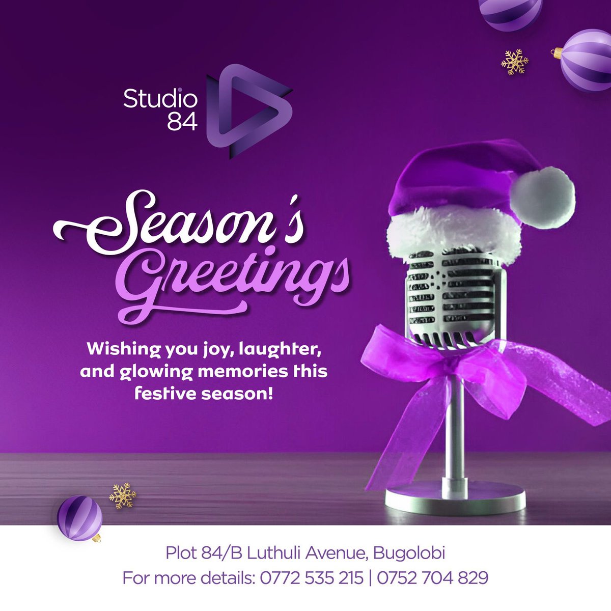 Studio84Ug's tweet image. 💜🎉 We wish you joy, laughter,l &amp;amp; glowing memories this festive season! ✨🎄 May your holidays be filled with creative moments &amp;amp; endless happiness. 🎁💜

Thank you for being part of our journey, here’s to more amazing stories in the coming year! 🌟
#SeasonsGreetings #Studio84 🎧