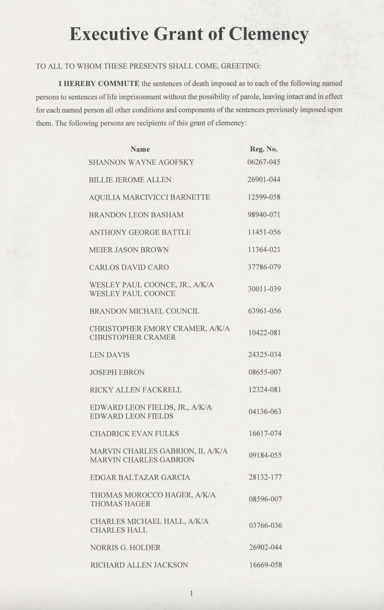 RDunhamDP's tweet image. Here is a copy of President Biden&apos;s Executive Grant of Clemency commuting the sentences of 37 federal death row prisoners to sentences of life without parole. #CommuteTheRow #deathpenalty