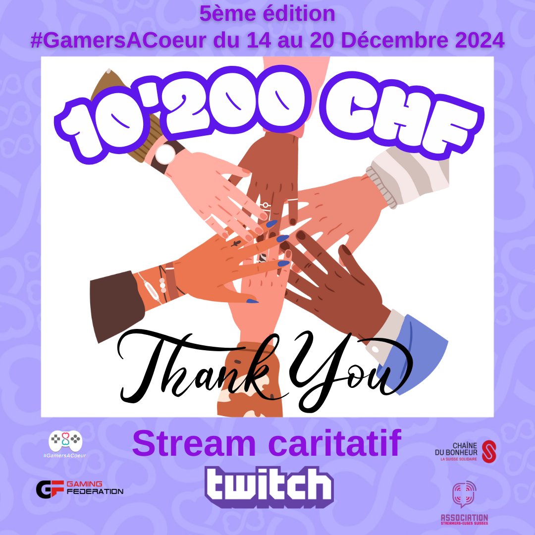 GamingFed's tweet photo. ✨10'206 CHF COLLECTÉS GRACE A VOUS ! ✨ Un immense merci à toutes les personnes qui ont contribué à rendre cette semaine de #GamerACœur exceptionnelle ! 🫶 
Nous vous souhaitons de merveilleuses fêtes de fin d’année! 🎄💜
@chainedubonheur  @RadioTeleSuisse #CoeurACoeur https://t.co/UNpXkEFwNG