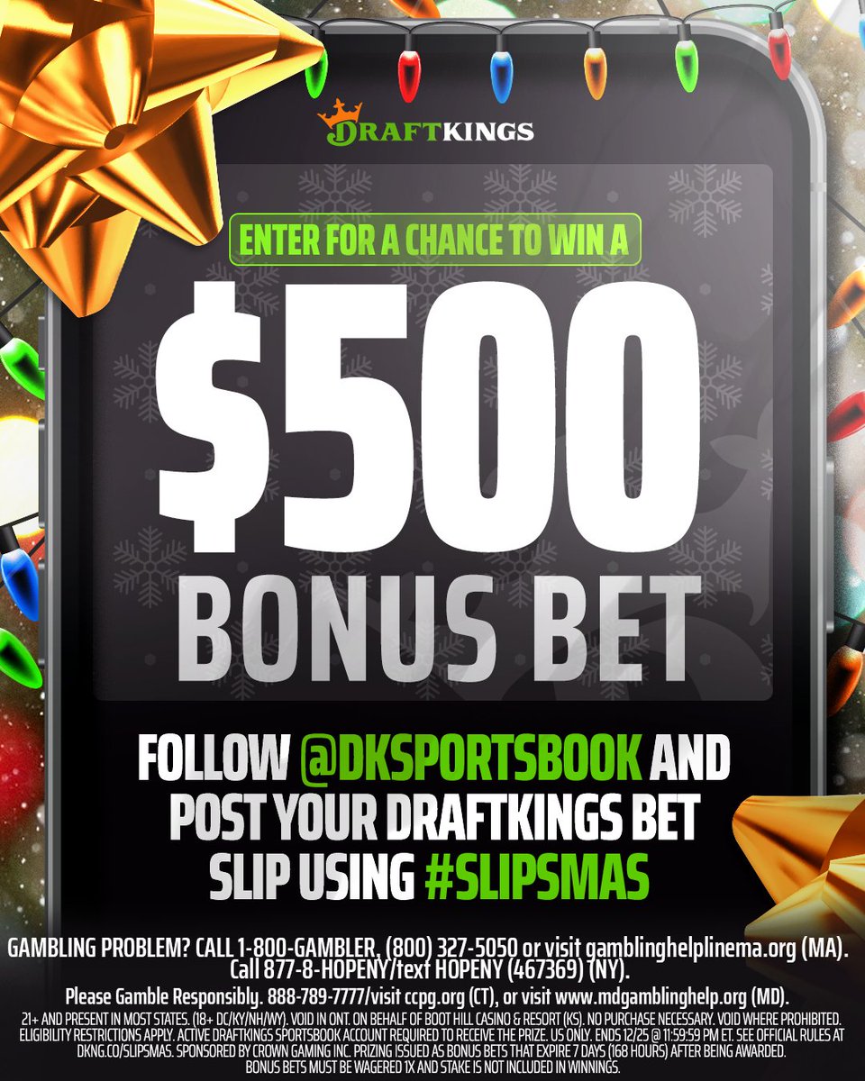 DKSportsbook's tweet image. Merry #Slipsmas to all who celebrate! We're giving away $60,000 in Bonus Bets to some lucky followers 𝗧𝗢𝗠𝗢𝗥𝗥𝗢𝗪!
To enter:
1. Follow @DKSportsbook 
2. Post your holiday bet slip with #Slipsmas
120 Winners | 10 Every Hour | 12/25 Noon - Midnight | Rules:…