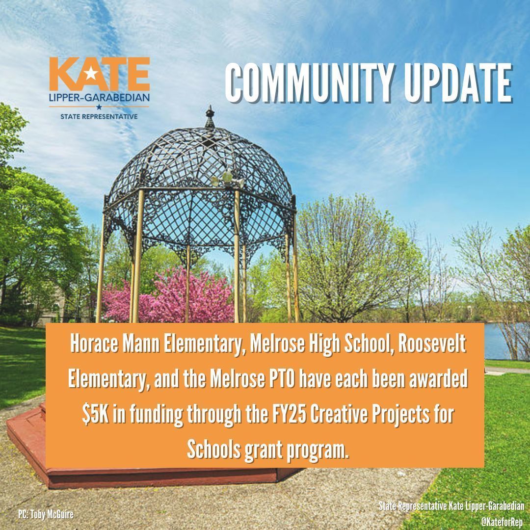 KateLipperGarabedian (@kateforrep) on Twitter photo I’m glad to share that <a href="/HuskiesMann/">HoraceMannHuskies</a>, #MelroseMA HS, <a href="/RoosMelrose/">Roosevelt School</a>, and <a href="/MelrosePS/">MelrosePublicSchools</a> PTO with the Lincoln have each been awarded $5K through <a href="/masscultural/">Mass Cultural Council</a>'s Creative Projects for Schools grant program. More - buff.ly/4fsSlUx. #PowerofCulture I’m glad to share that <a href="/HuskiesMann/">HoraceMannHuskies</a>, #MelroseMA HS, <a href="/RoosMelrose/">Roosevelt School</a>, and <a href="/MelrosePS/">MelrosePublicSchools</a> PTO with the Lincoln have each been awarded $5K through <a href="/masscultural/">Mass Cultural Council</a>'s Creative Projects for Schools grant program. More - buff.ly/4fsSlUx. #PowerofCulture