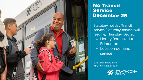 StrathcoCounty's tweet photo. #SCTransit - There will be no Strathcona County Transit service on December 25, 2024. Our stat holiday service will resume on Dec. 26. visit https://t.co/rBAmXSQsei for the Route 411 Saturday schedule or use the app to book your local on demand trip. #Shpk #Strathco https://t.co/kdcfTjfoAg