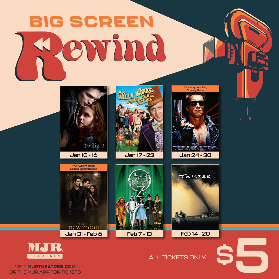 mjrtheatres's tweet photo. π₯ Kick off the NEW YEAR with BIG SCREEN REWIND! π
This January, revisit your favorite films for just $5 at select MJR Theatres. Donβt miss the chance to experience these classics on the big screen...again!
ποΈ: https://t.co/WPCA9Z8VwM
π½οΈ #BigScreenRewind #ItsMoreFunAtMJR https://t.co/nGaz4LquAw