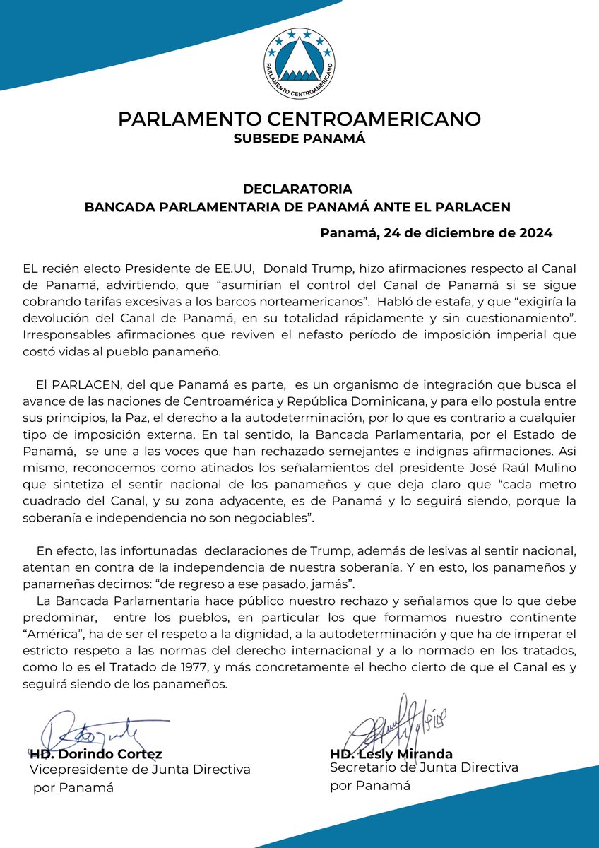Nota Declaratoria por la Bancada de Panamá ante el Parlamento Centroamericano