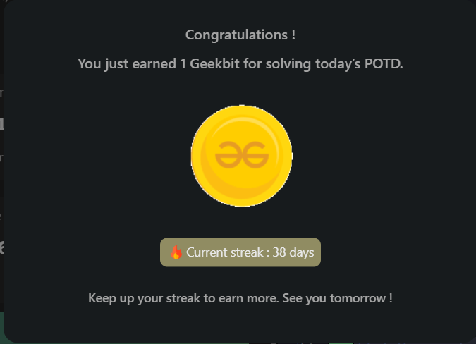 Goutam Mukherjee (@n0ob_coder) on Twitter photo #Day38 of <a href="/geeksforgeeks/">GeeksforGeeks</a> 160 days Challenge: 🚀🔥
Solved - Problem 40 #POTD: Search in a Sorted Matrix✅
Approach: Applying Binary Search on entire matrix, treating it as a single array
#geekstreak2024 #gfg160 #gfg #potd #geeksforgeeks #LearnInPublic #Day38 of <a href="/geeksforgeeks/">GeeksforGeeks</a> 160 days Challenge: 🚀🔥
Solved - Problem 40 #POTD: Search in a Sorted Matrix✅
Approach: Applying Binary Search on entire matrix, treating it as a single array
#geekstreak2024 #gfg160 #gfg #potd #geeksforgeeks #LearnInPublic