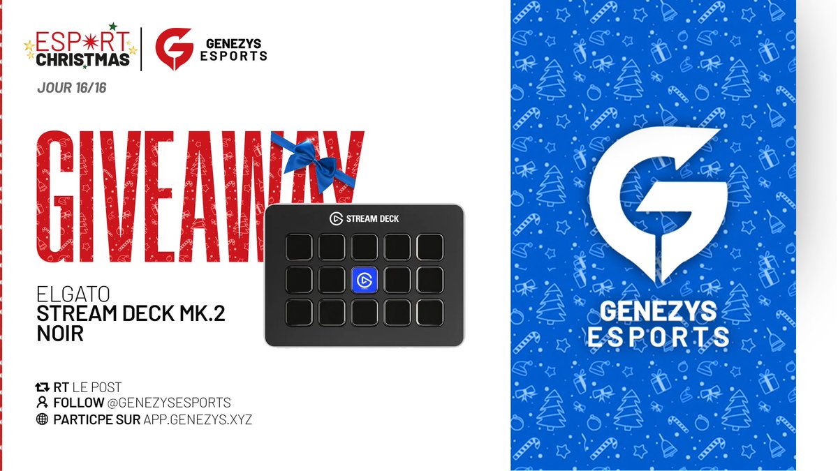 Concours 🎁 #EsportChristmas  
🗓️ Jour 16/16     

Pour finir en beauté, on vous fait gagner un Stream Deck Elgato pour vos meilleurs streams ! 🎙️

Pour participer : 
☑️ #RT ce tweet  
☑️ Follow <a href="/GenezysEsports/">Genezys Esports</a> 
☑️ Participe avec le lien en commentaire    

TAS 31/12