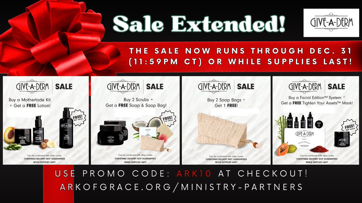 AmandaGrace_AOG's tweet photo. @GiveADerm has extended the holiday sale! Receive a free gift with select purchases NOW through December 31st (11:59pm CT) or while supplies last. Use promo code 'ARK10' for additional savings at checkout! Shop Now: https://t.co/HFAfMbhhmx

#Amandagrace #Christian #Christianity #Jesus #faith #holidaysale #giftideas #skincare #beauty #wellness #organicskincare