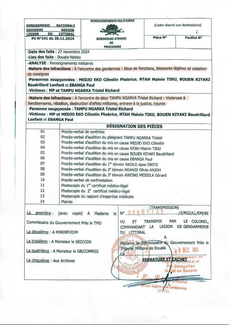 Monsieur TAMFU NGARKA Tristel Richard né le 01/05/1961 à Douala, de PND et de Léontine ABLAIR AMOUSSOU, Avocat, est convoqué par un Juge d’Instruction au Tribunal Militaire de Douala le 7 Janvier 2025 pour être entendu en qualité de PRÉVENU dans une affaire avec les gendarmes.