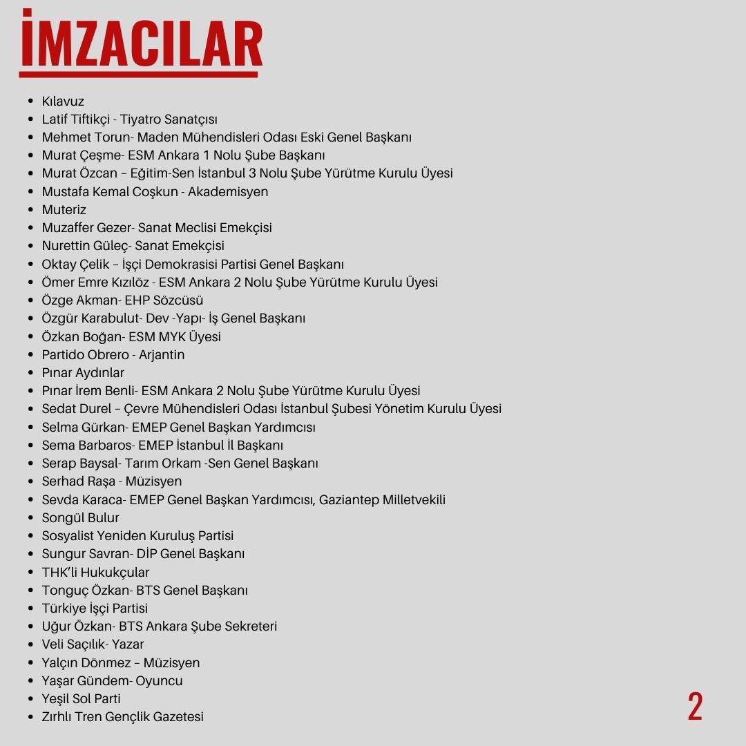 🖊️İMZA KAMPANYASI'NA ÇAĞRI:

➡️Sendikacılara, Gazetecilere, Siyasal Partilere, Demokratik Kitle Örgütlerine, Hukukçulara ve Muhalefet Partilerinin Yönetimindeki Belediyelere Yönelik Saldırılar Son Bulsun!

➡️Sosyalist Emekçiler Partisi'ne karşı yürütülen kumpas davası derhal