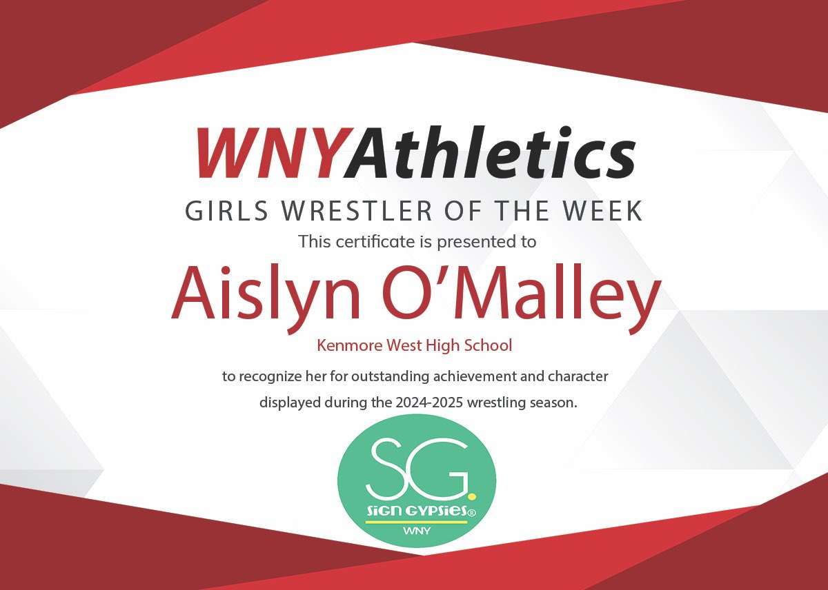WNYAthletics's tweet photo. WNY Athletics Girls Wrestler of the Week presented by Sign Gypsies WNY: Aislyn O'Malley

.@wnywrstlcentral @Matt_ORourke1 @wnywrestling @wolf3328 @ktufsd 

https://t.co/g9TLwkMGww https://t.co/npyQPvPMPX