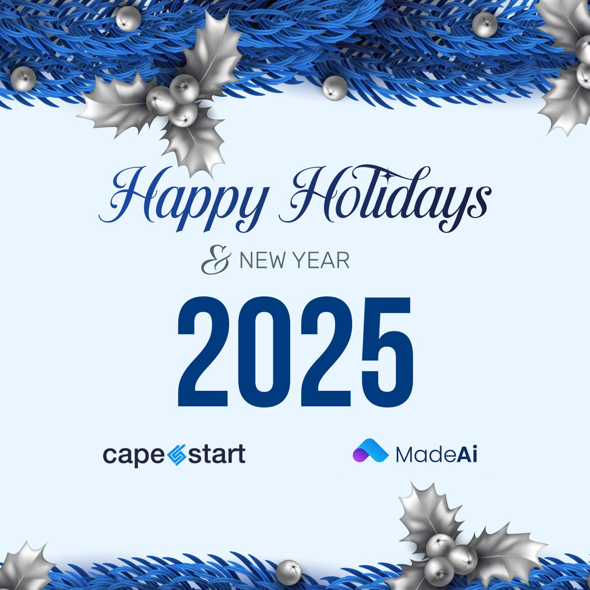 capestart's tweet image. Wishing you Happy Holidays from all of us at CapeStart and a very Happy New Year!

#CapeStart #MadeAi #holidays #holidayseason #NewYear2025 #SeasonsGreetings