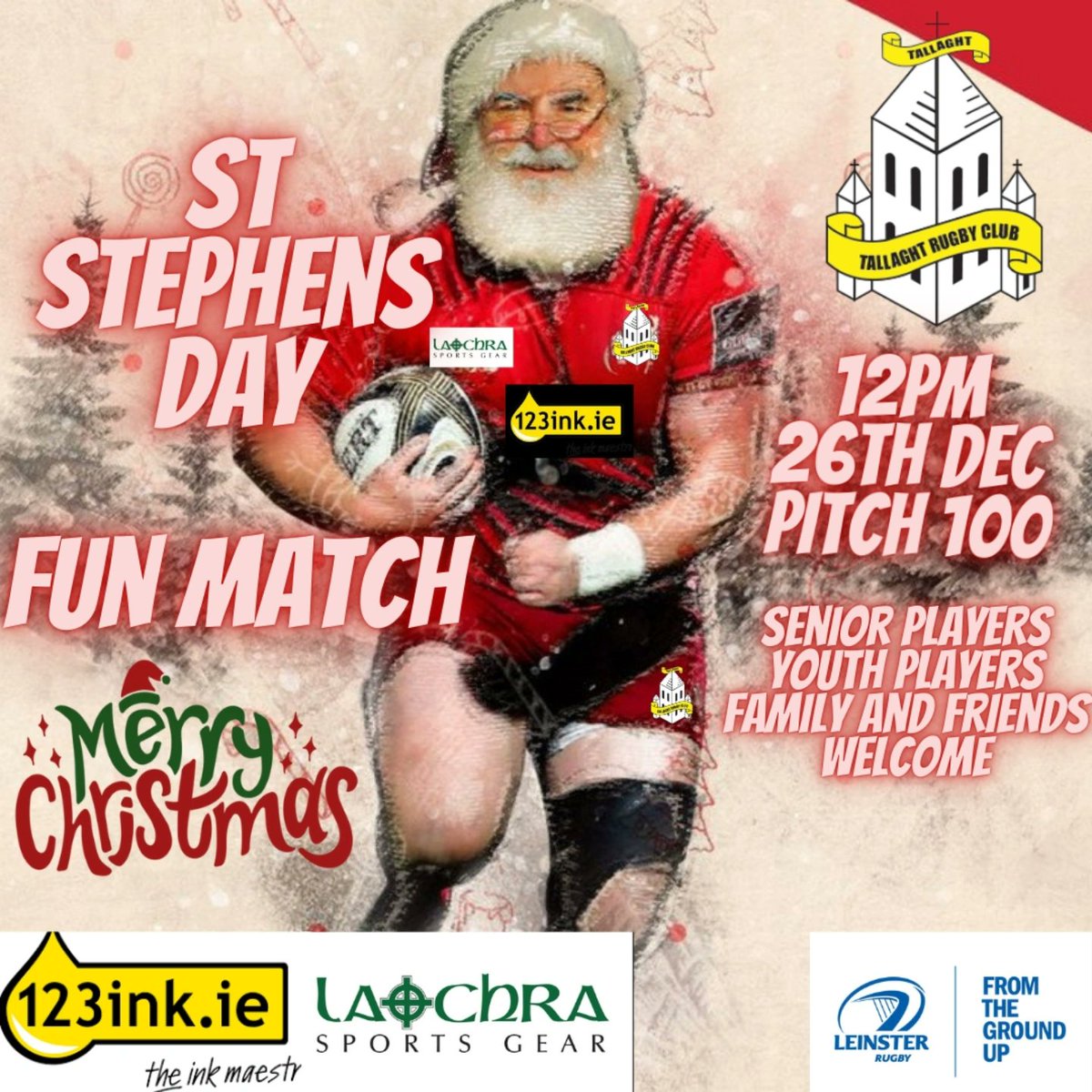 Tallaght RFC Christmas Fun match is back!

Fancy ruckin' around the Christmas tree on Stephens day? Pull on your Christmas jumpers, stay in your onesies/pjs and run off the over indulgence of Christmas Day! 

Blow off the cobwebs and join us for some festive fun! All welcome🎄