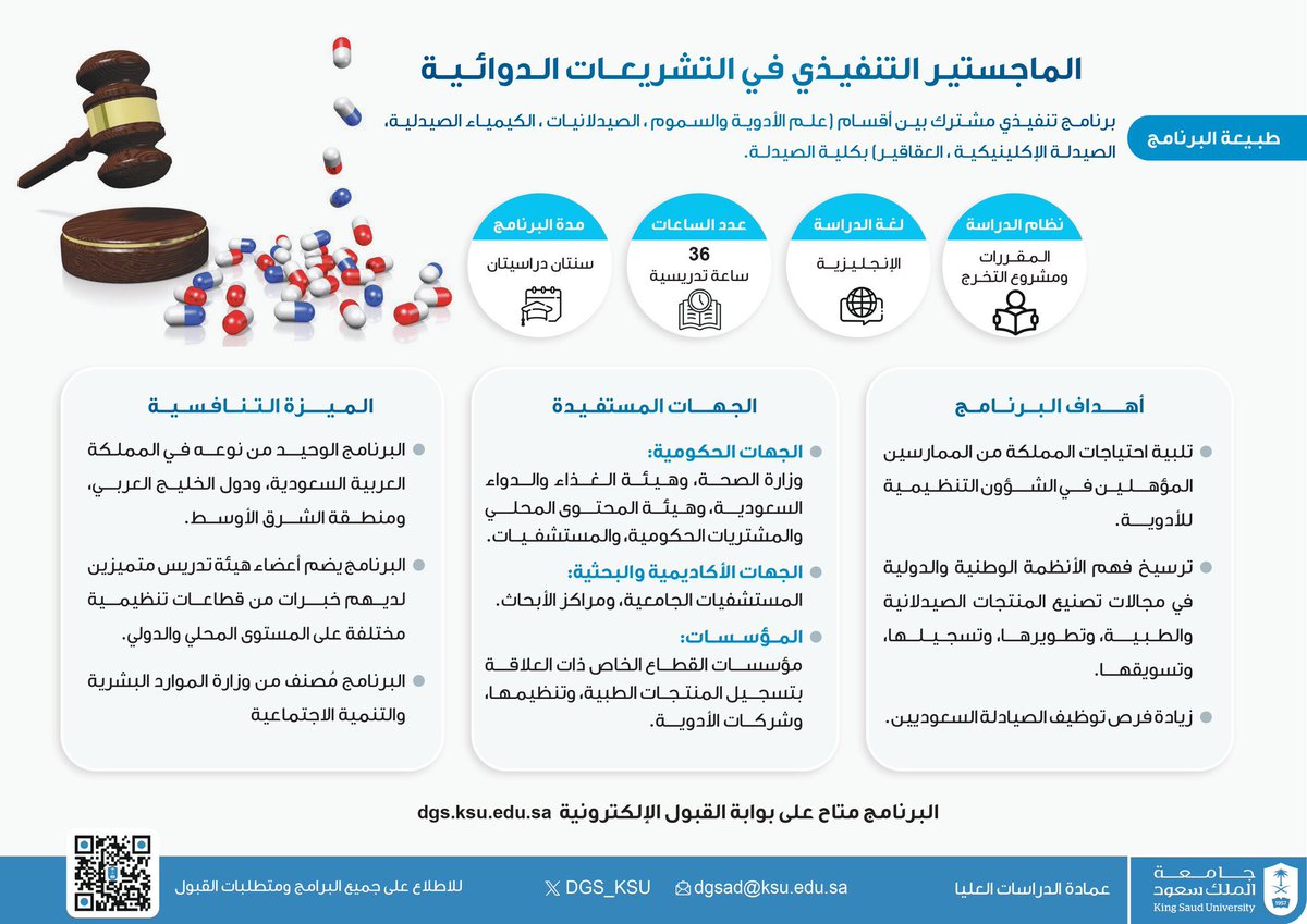 تعرَّف على أهداف وميزات برنامج (الماجستير التنفيذي في التشريعات الدوائية) الذي تطرحه عمادة الدراسات العليا بـ #جامعة_الملك_سعود.
ويمكن الاطلاع على شروط القبول والتقديم على البرنامج من خلال بوابة القبول في الفترة المعلنة:  
dgs.ksu.edu.sa