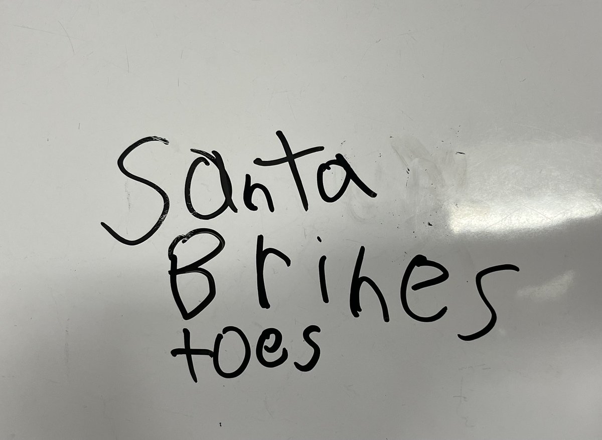Nicolette Cooper (@cc_nicolette) on Twitter photo Me: βSanta brines toes?!β
Student: βSanta brings toysβ
Happy Holidays! π <a href="/nbr1educ8r/">Jaime Scarfi</a> Me: βSanta brines toes?!β
Student: βSanta brings toysβ
Happy Holidays! π <a href="/nbr1educ8r/">Jaime Scarfi</a>
