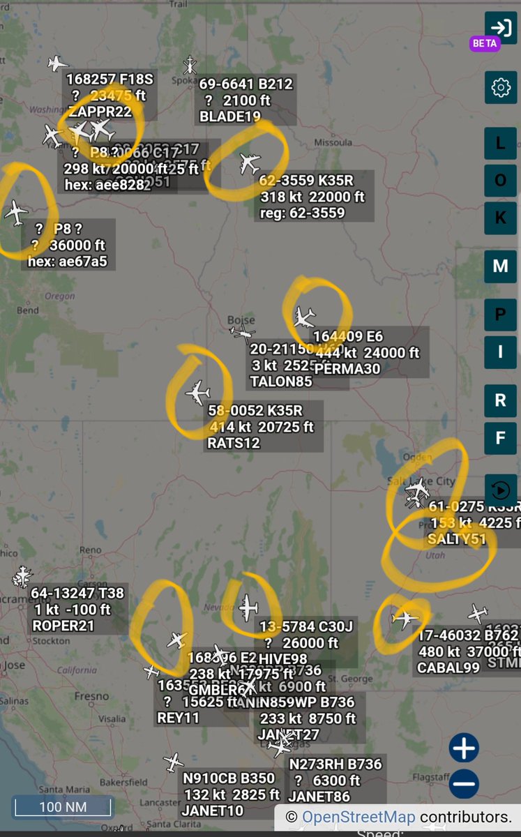 thebattler180's tweet photo. @ThomasRWool @BenKnight1980 @jesseRoss597206 Here are the culprits revealed by using adsb playback of the area it starts slowly with the c130j and 1 kc135 then builds to include all the known geoengineering types c17 and 762 then the electronic warfare p8,c2 and E6 join in to fire the frequencies into the trails. #geoen https://t.co/e4EYA2PoNT
