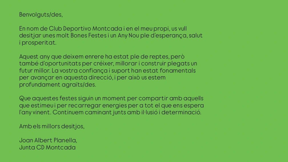 CDMontcada's tweet photo. Bon nadal i bon any nou amb missatge de Joan Albert Planella, president del CD Montcada. 

#endavantMontcada https://t.co/WqhDJqObFz