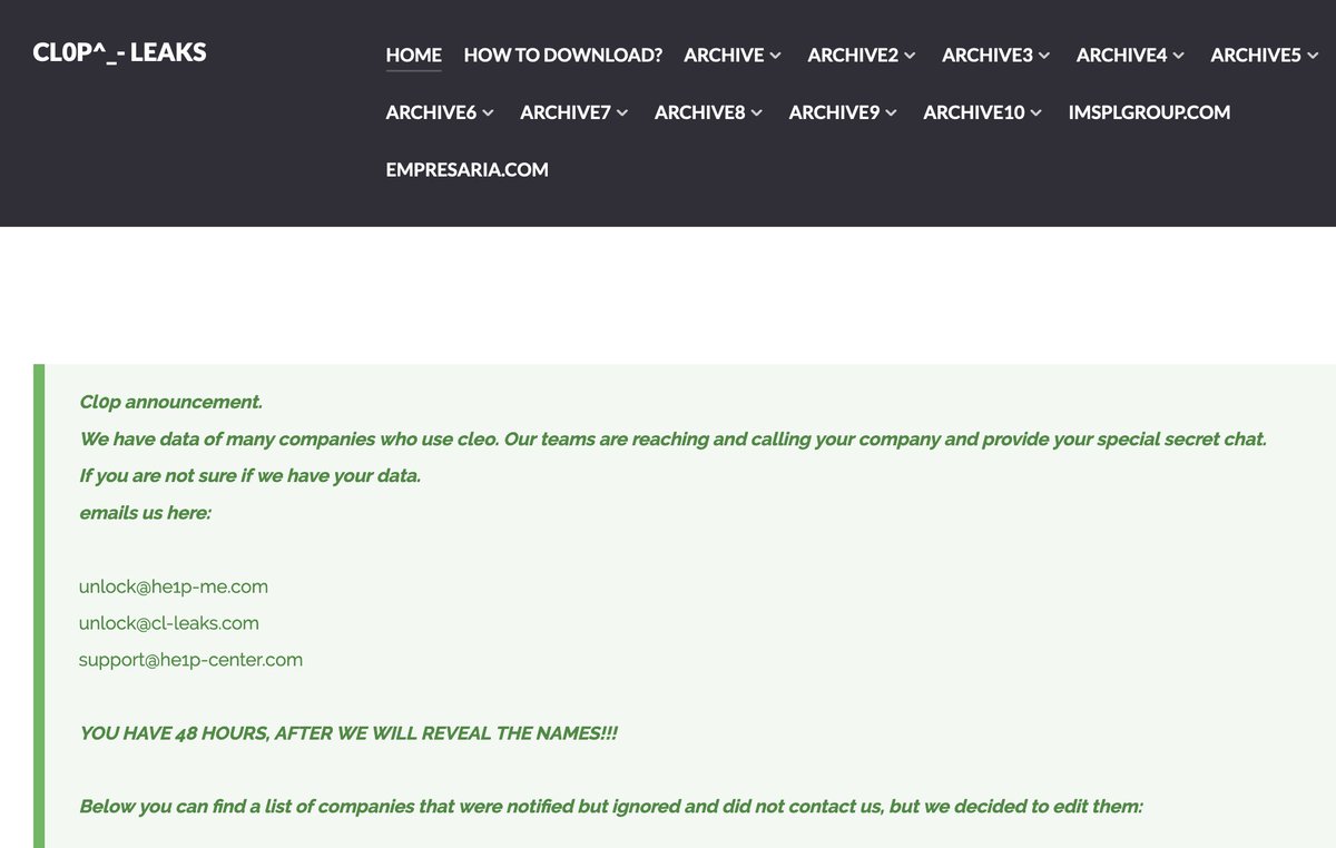 sonoclaudio's tweet image. #Ransomware: Cl0p ha sfruttato vulnerabilità del software File Transfer di @CleoNeverStops e, ora, minaccia di pubblicare i nomi delle aziende interessate ed i dati sottratti.
Come nel caso di #MOVEit della metà dello scorso anno, a @ransomfeednews ci aspettiamo molto lavoro 🙄