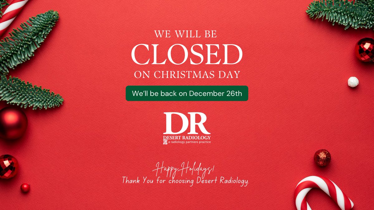 🎄 Holiday Hours Announcement 🎄
Desert Radiology will close at 4:00 PM on Tuesday, December 24th, and will reopen on Thursday, December 26th.

Wishing you and your loved ones a safe and joyful holiday season! 🎁✨

#HolidayHours #DesertRadiology #MerryChristmas #HolidaySeason