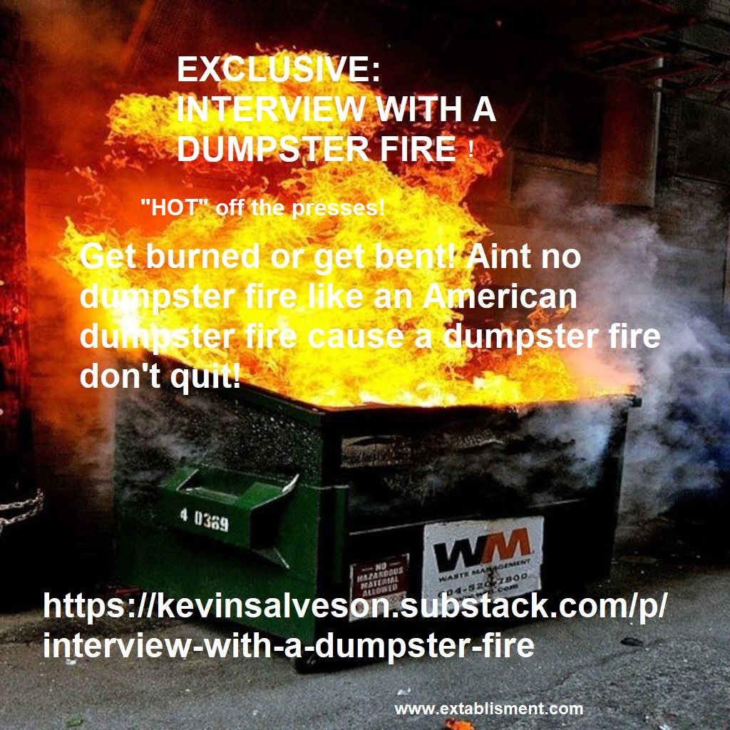 Extablisment's tweet photo. Interview with a Dumpster Fire... get your chest nuts roasted here for when you're dreaming of a whitey Christmas!
https://t.co/Du0QAY5put https://t.co/iSSnl3VQn3