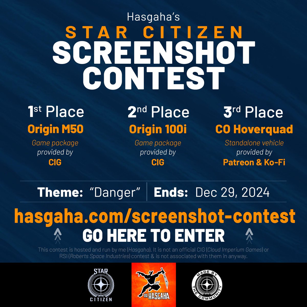 Less than 7 days remain to enter my #StarCitizen #Screenshot #Contest for DECEMBER!
THEME: "Danger"
GUEST JUDGES: <a href="/thedamnshames/">Damn Shame Actual (The Damn Shames)</a>, <a href="/UthoRiley/">Utho Riley - Composer 🎵</a>
ENDS: Dec 29
Learn more &amp; ENTER here:
hasgaha.com/screenshot-con…
PRIZES:
🥇 1st Place: M50
🥈 2nd Place: 100i
🥉 3rd Place: Hoverquad